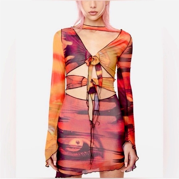 Jaded London cutout mesh mini dress asymmetrical hem long sleeve orange print M - Picture 1 of 9
